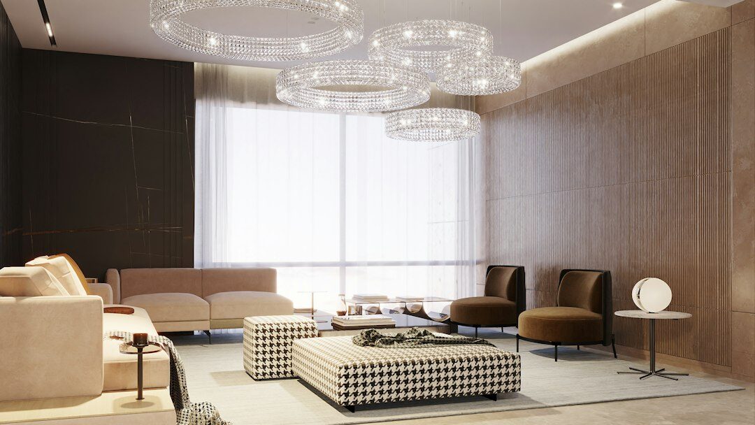 luxury living room with chandelier