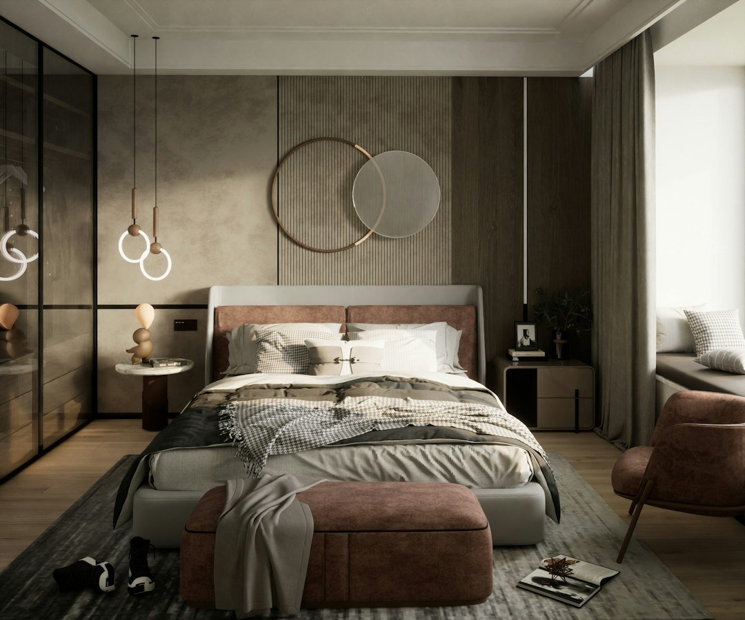 luxury bedroom with velvet bed